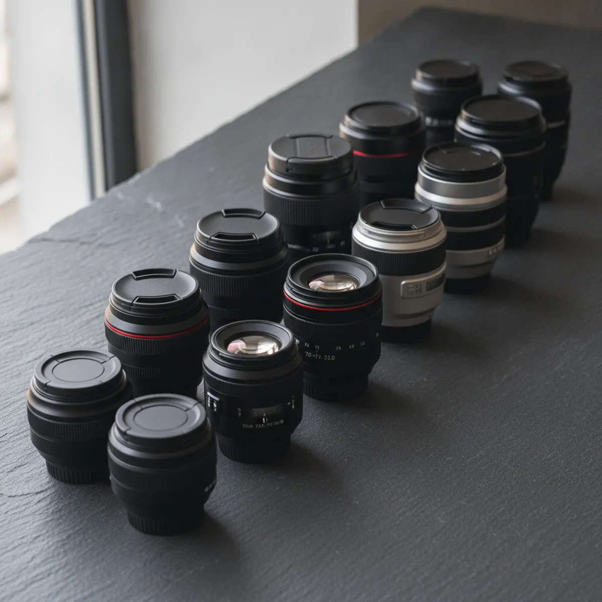 Best budget lenses for Sony A7 cameras arranged on a wooden desk