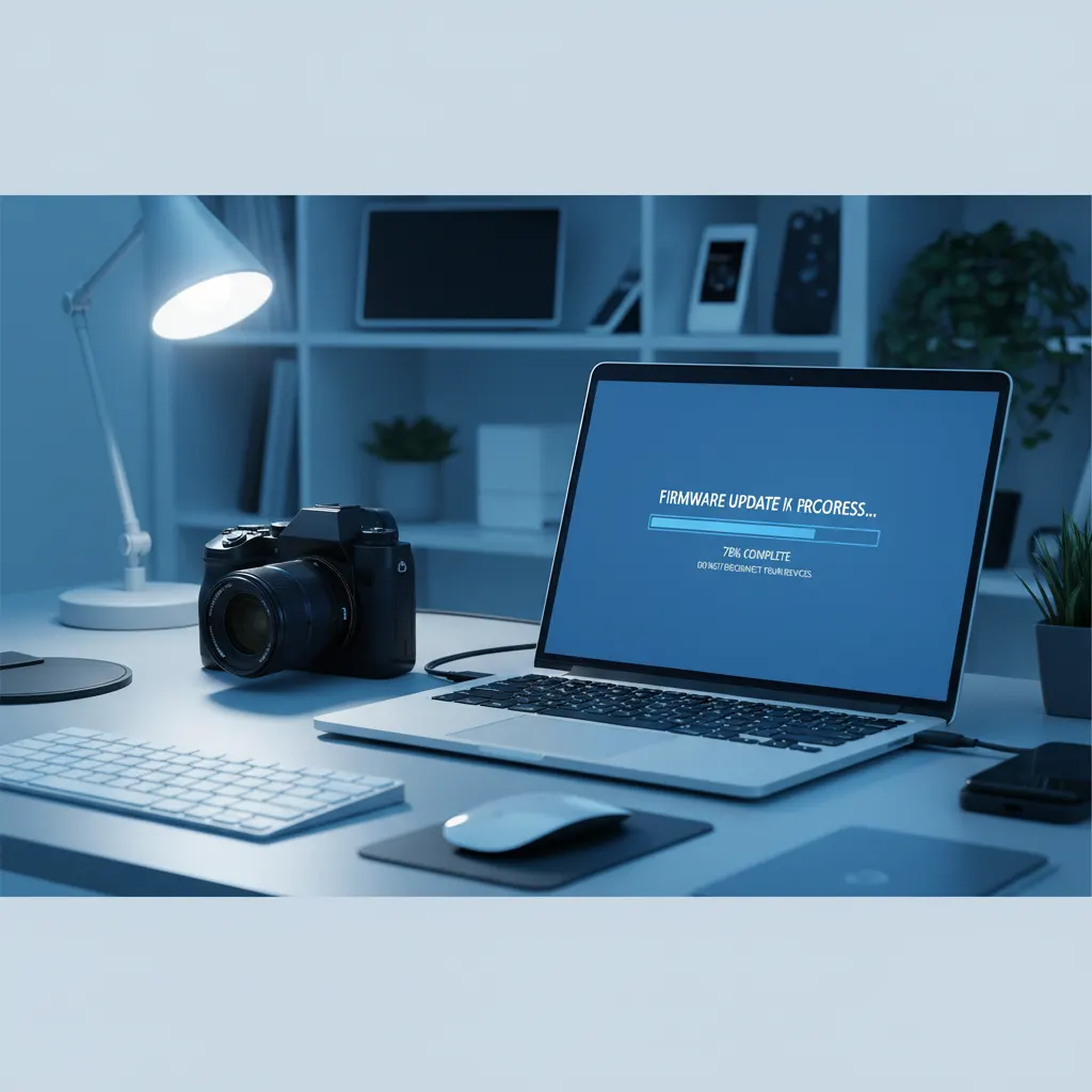 Camera LCD screen showing firmware update in progress