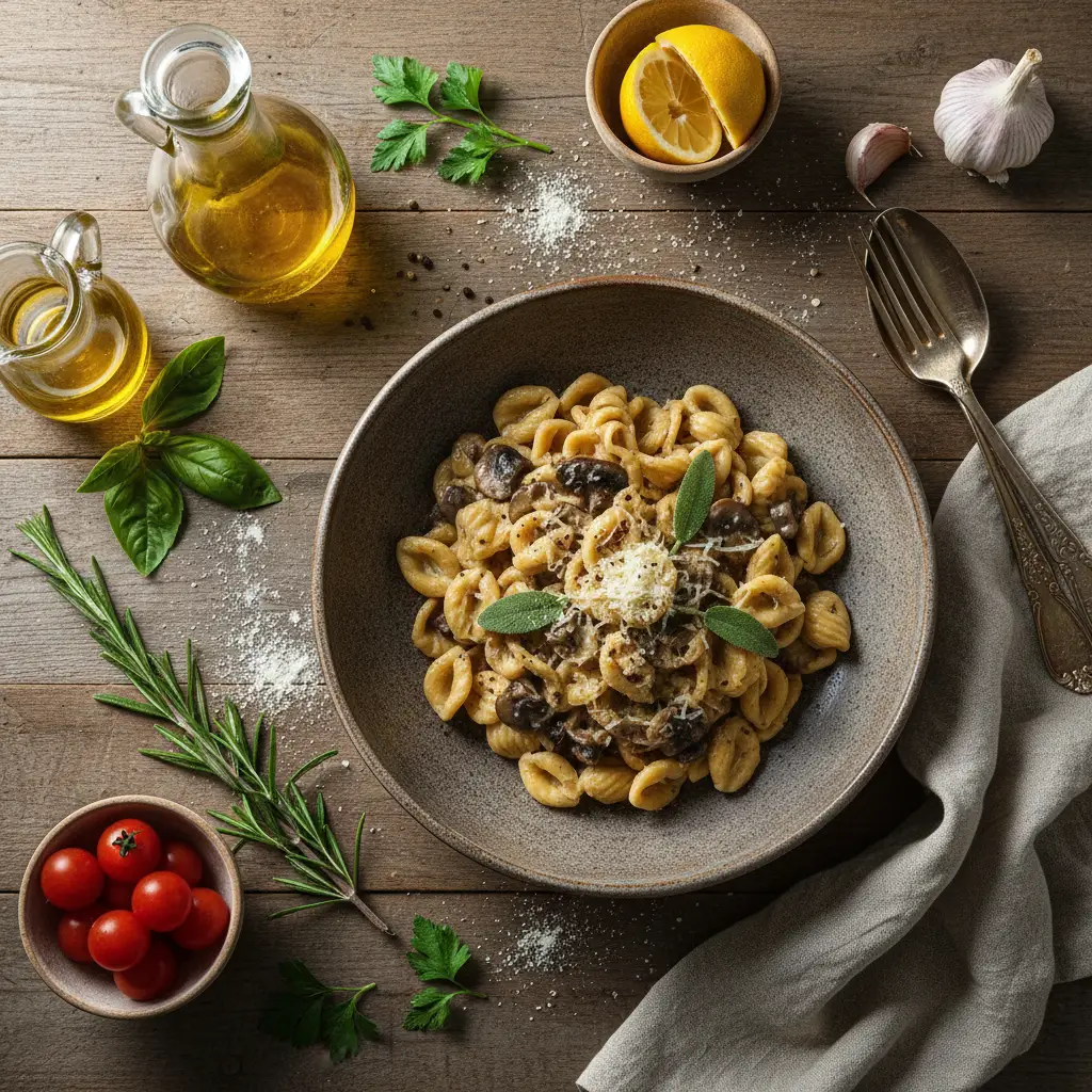 Beautifully styled overhead food photograph of a fresh salad with natural window light