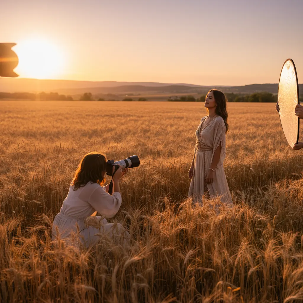 Photographer shooting during golden hour with warm sunlight over a field