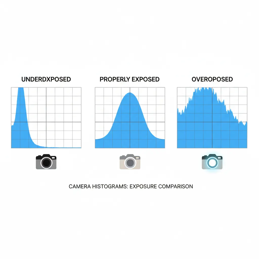 Three histograms showing underexposed, correct, and overexposed