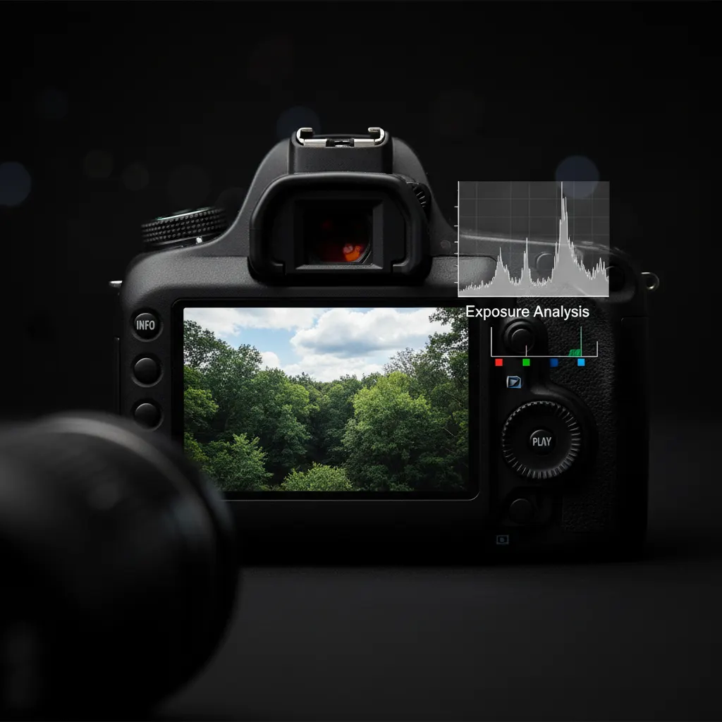 Camera LCD screen showing a photograph with its histogram overlay