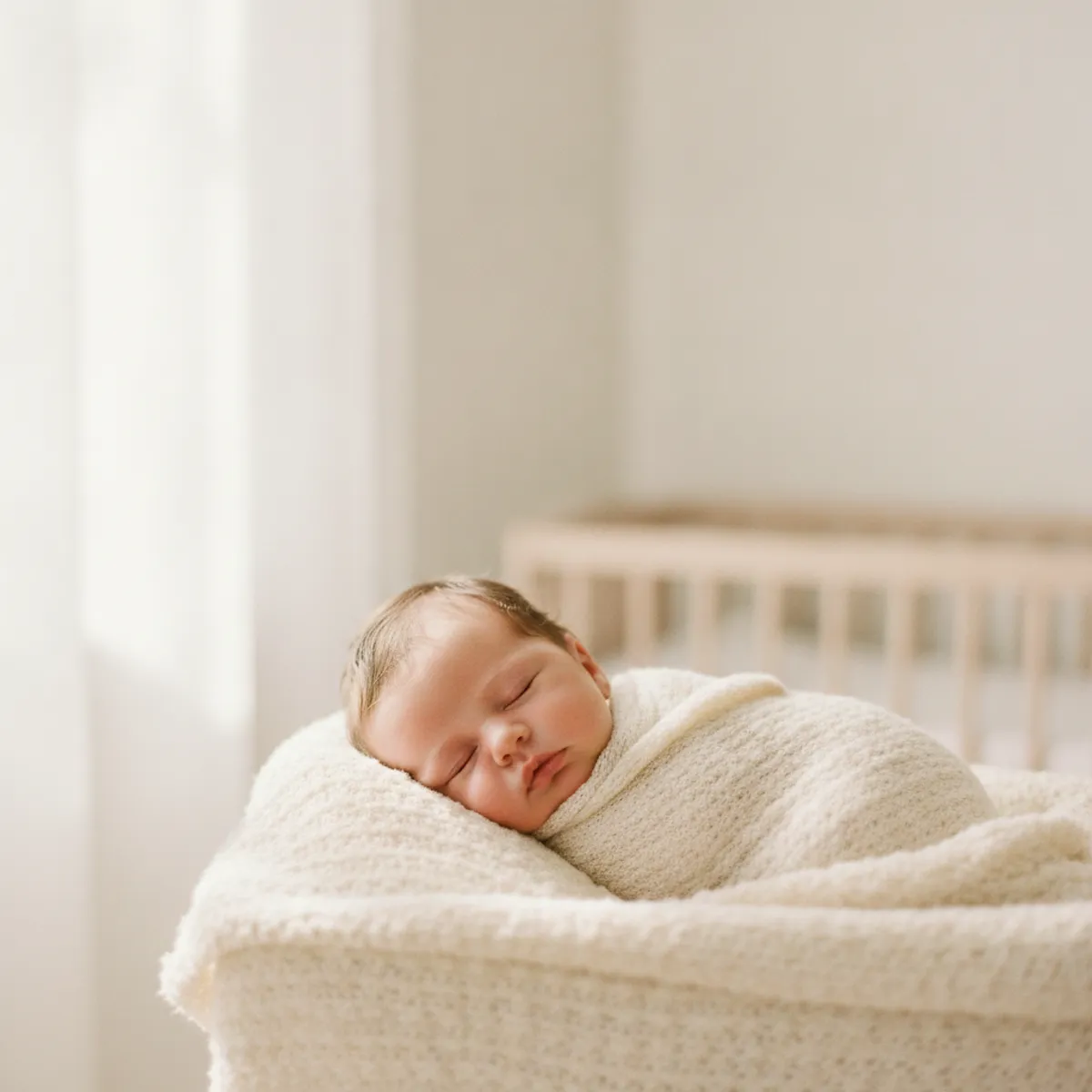 Sleeping newborn photographed in soft natural window light at home