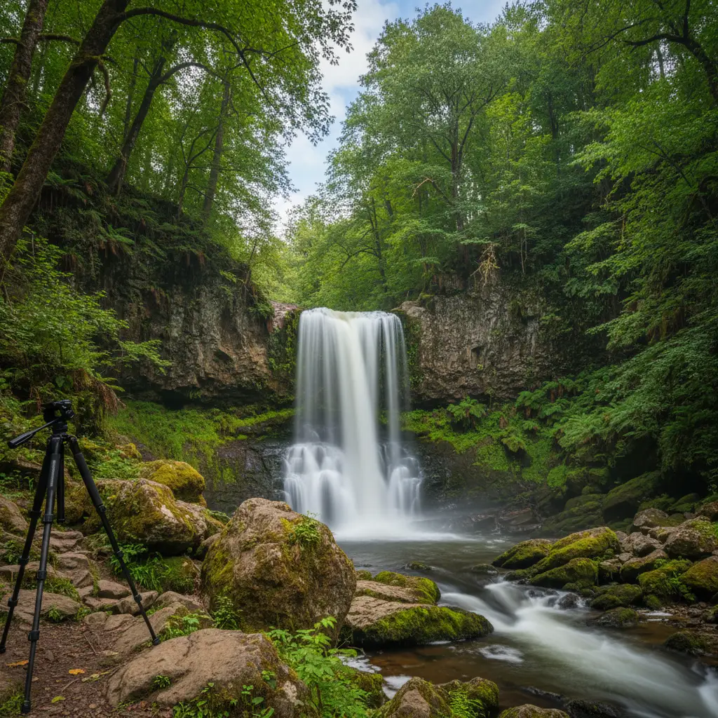 Long exposure photograph of a waterfall with silky smooth water