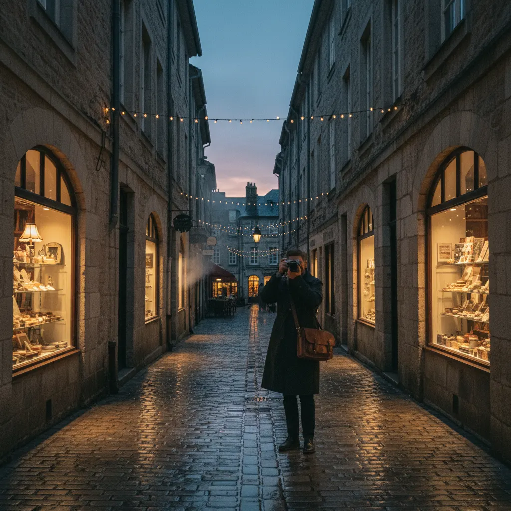 Atmospheric low light photograph of a city street at night without flash