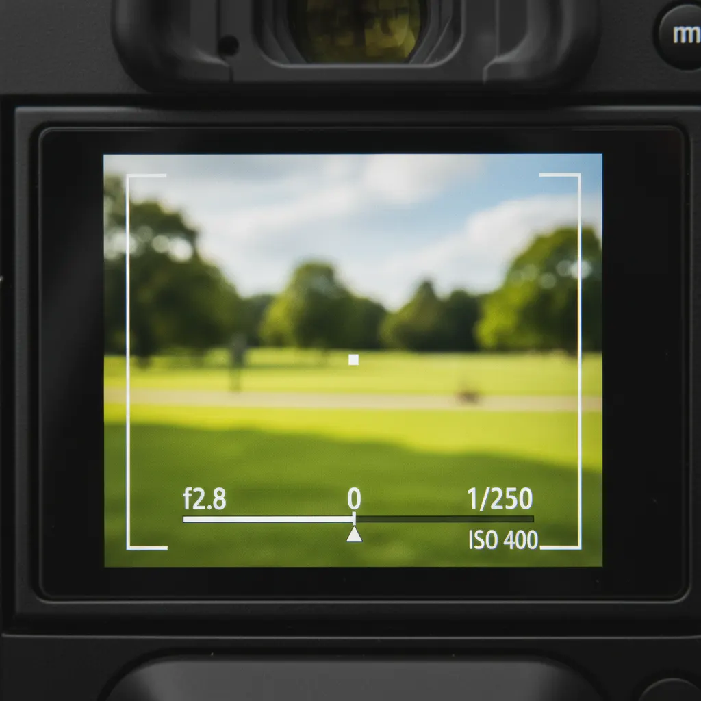 Camera viewfinder showing exposure meter and settings