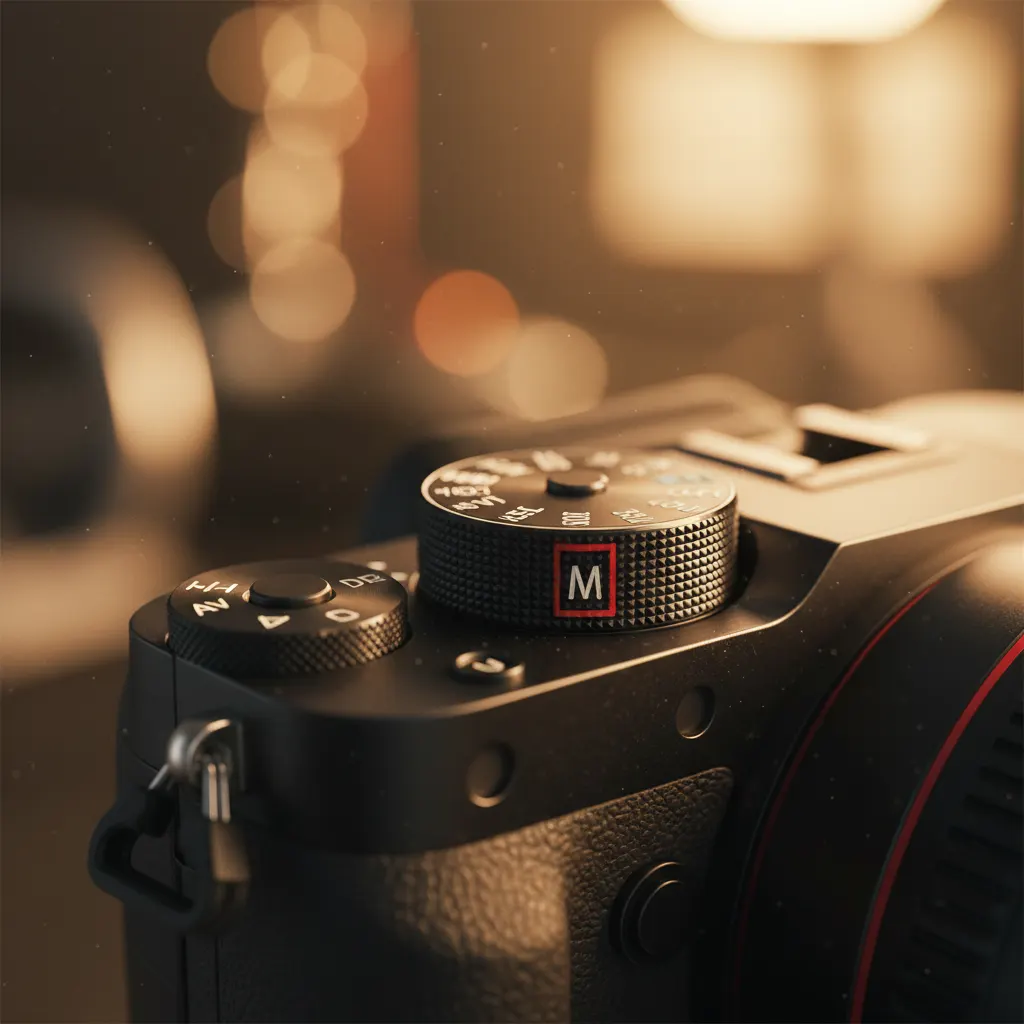 Camera mode dial set to M for manual mode