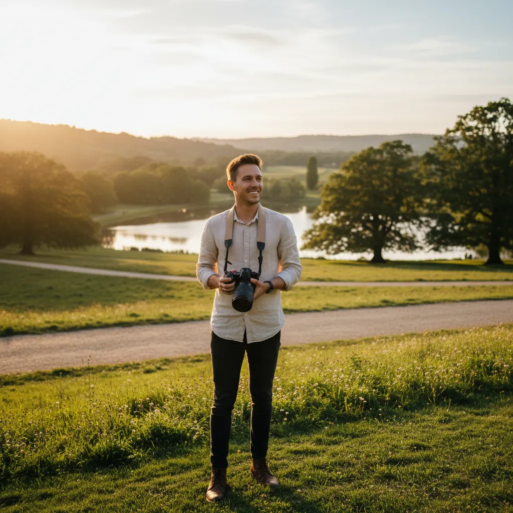 Beginner photographer holding a mirrorless camera in a park
