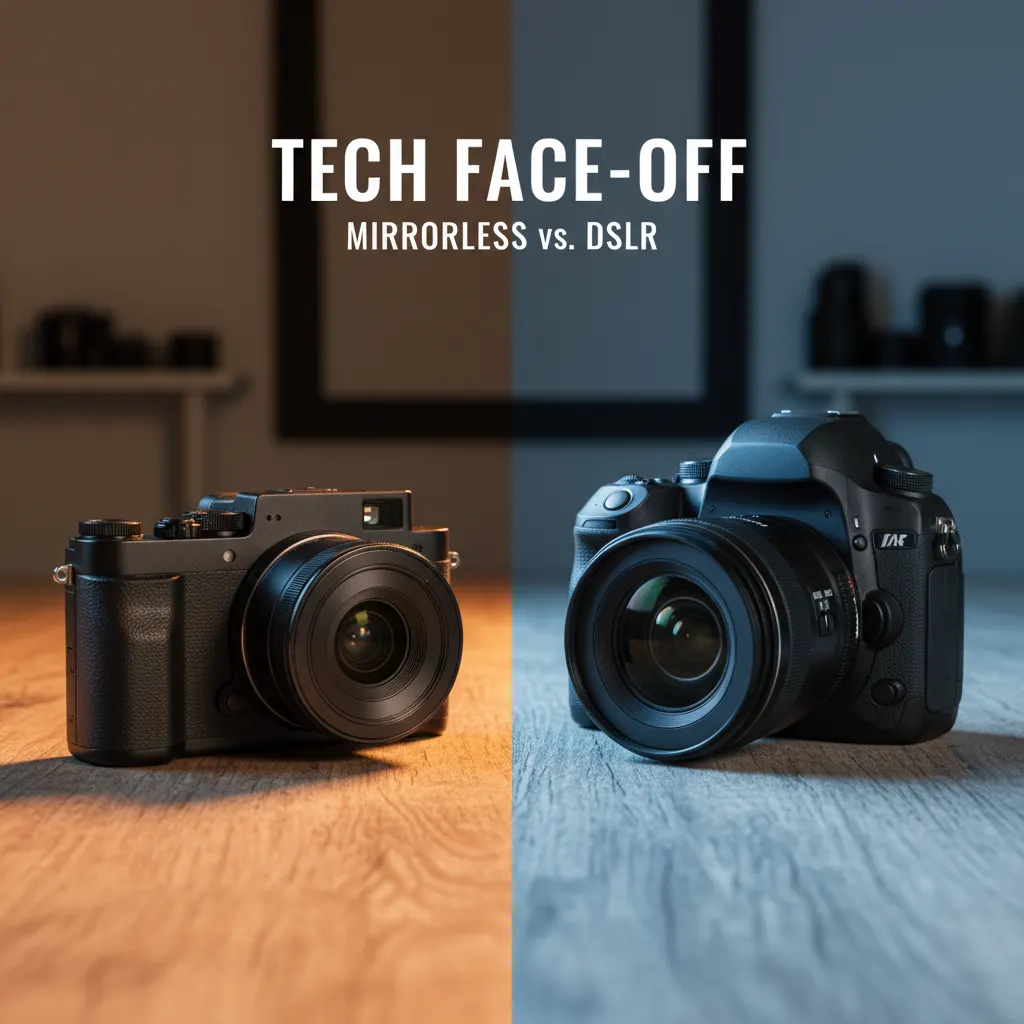 Side-by-side comparison of a mirrorless camera and a DSLR camera