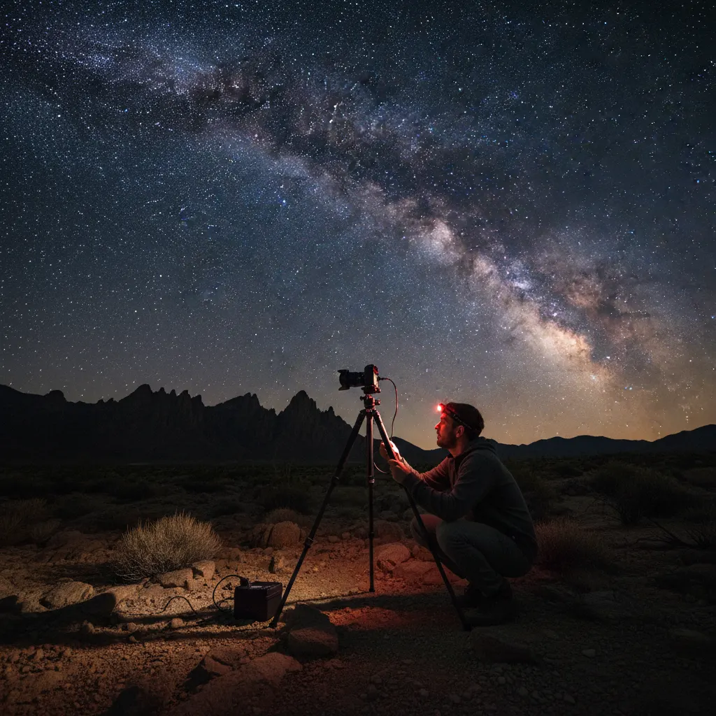 Astrophotography setup with camera on tripod pointed at the Milky Way