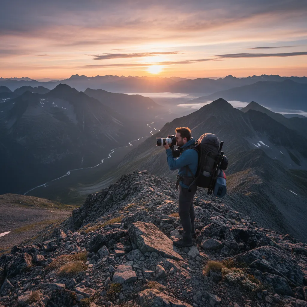 Photographer with camera and gear hiking in mountain landscape