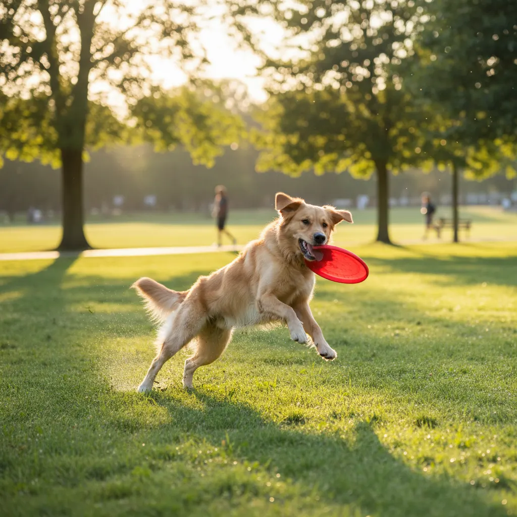 Dog catching a frisbee mid-jump in a park