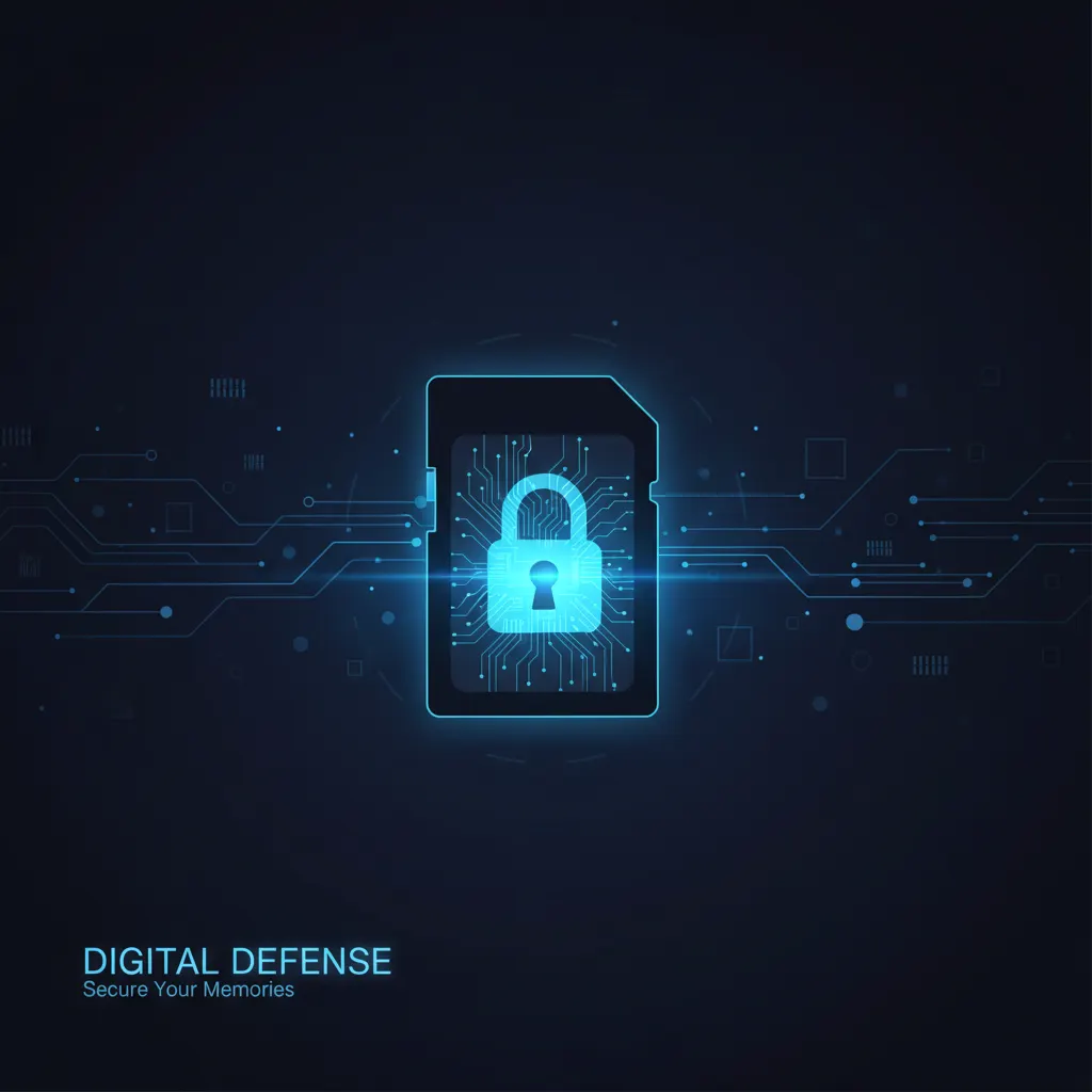 Padlock icon over a camera memory card symbolizing photo security