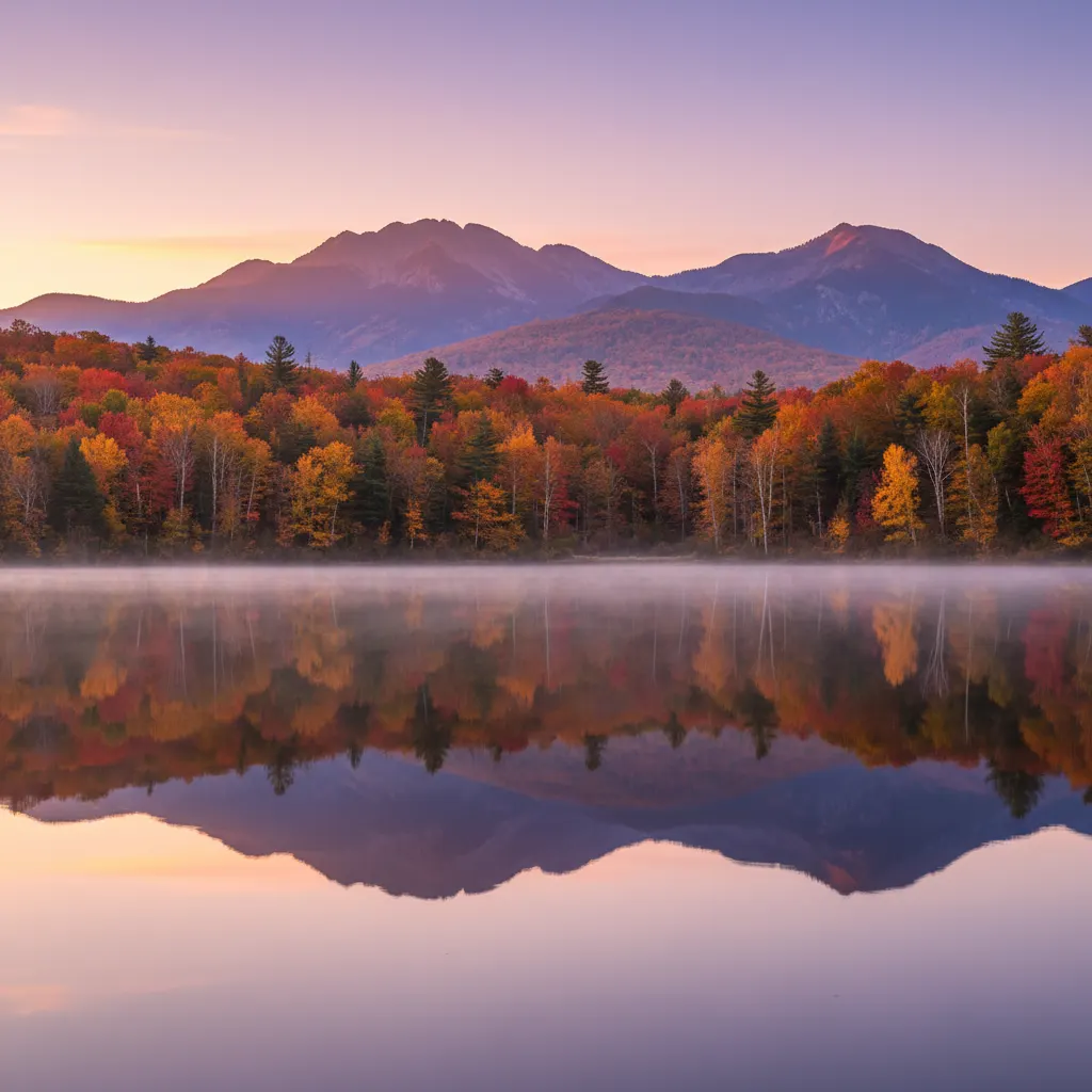 Perfect mirror reflection of mountains in a still alpine lake at sunrise