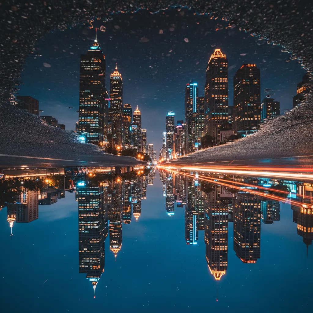 City skyline reflected in a rain puddle at night