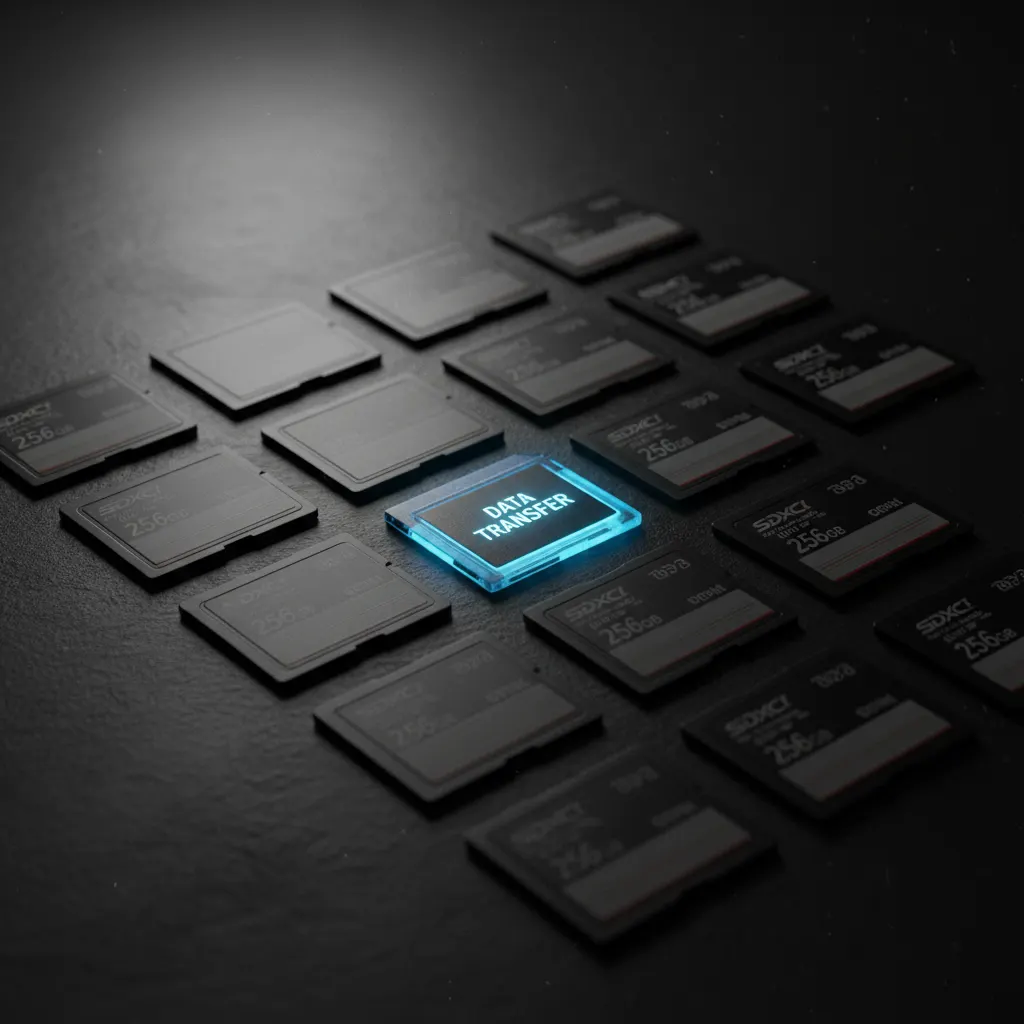 Various SD memory cards spread on a dark surface