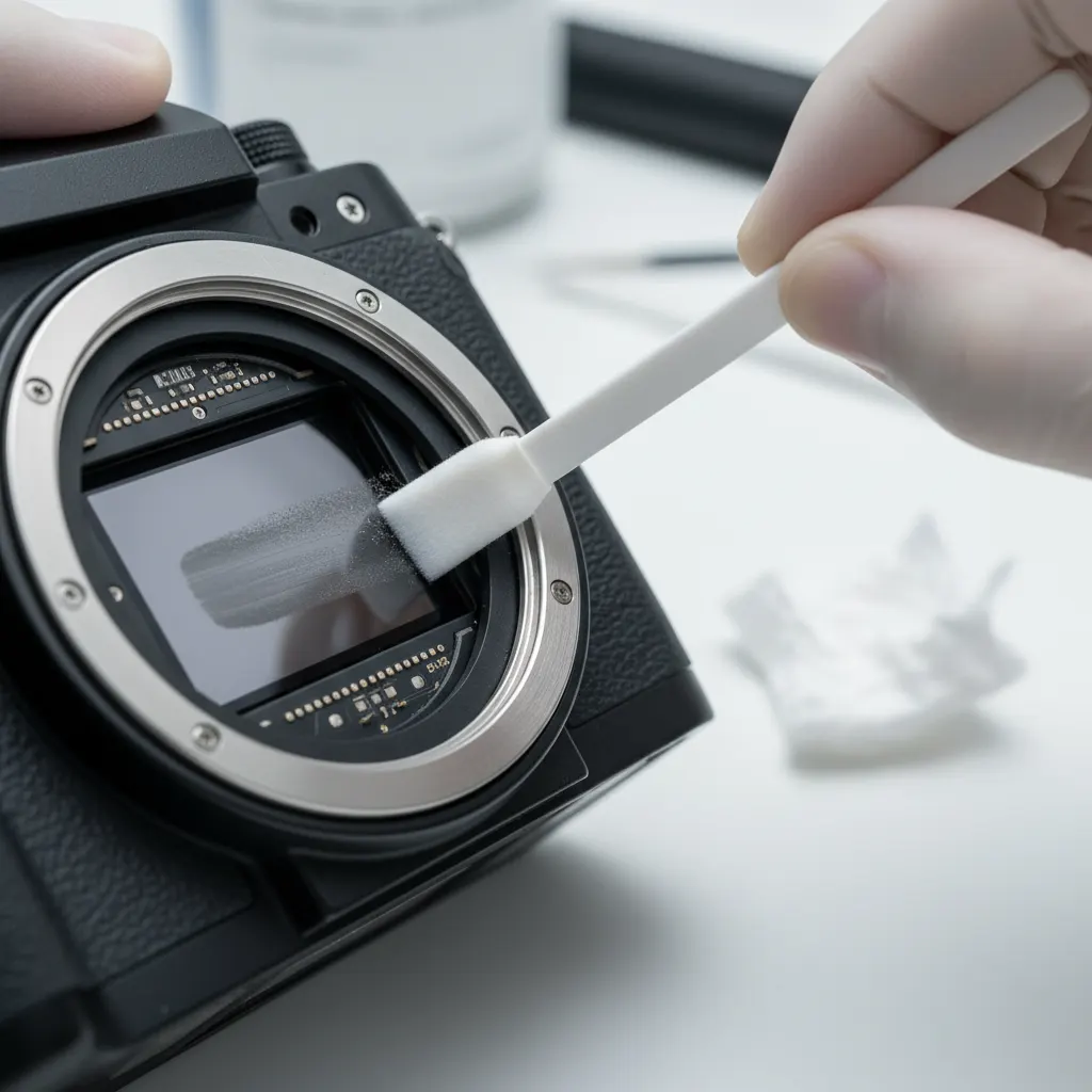 Camera sensor being cleaned with a specialized swab