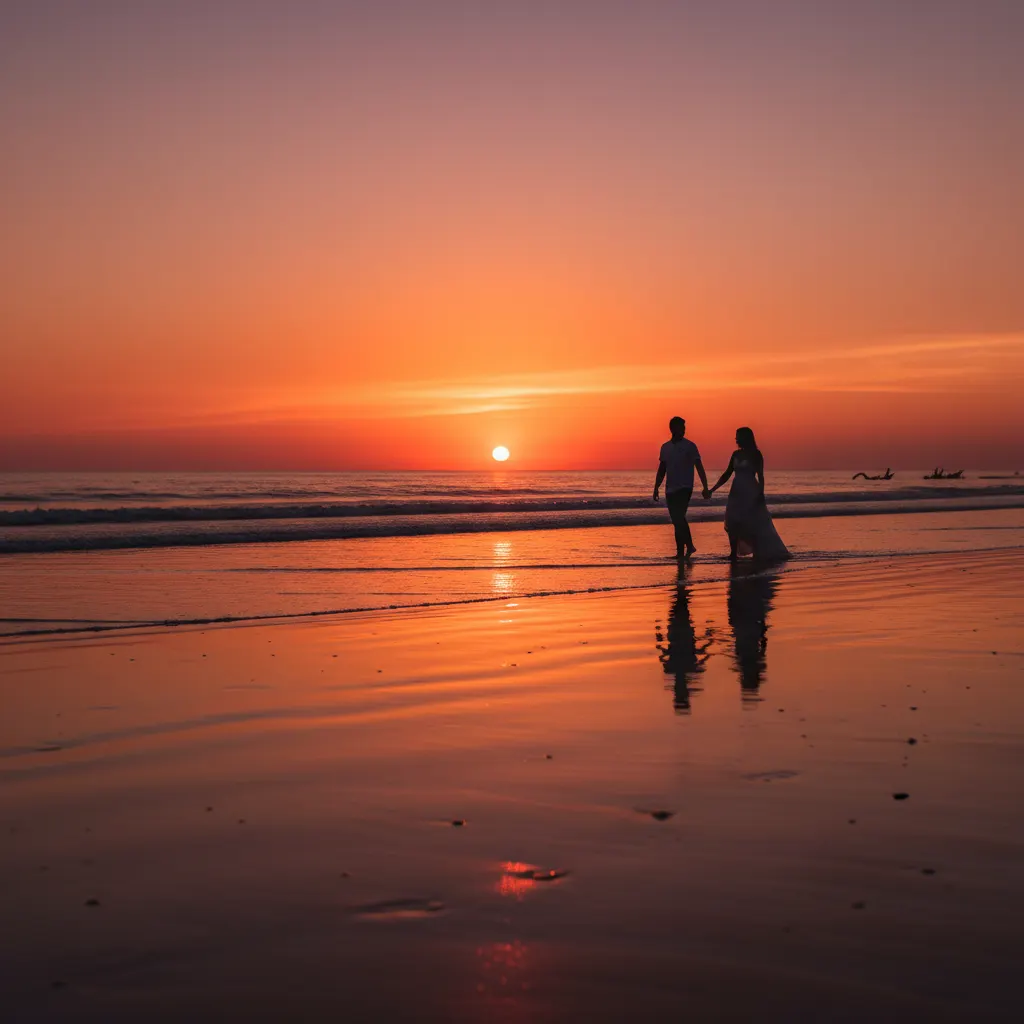 Romantic couple silhouette on beach at sunset