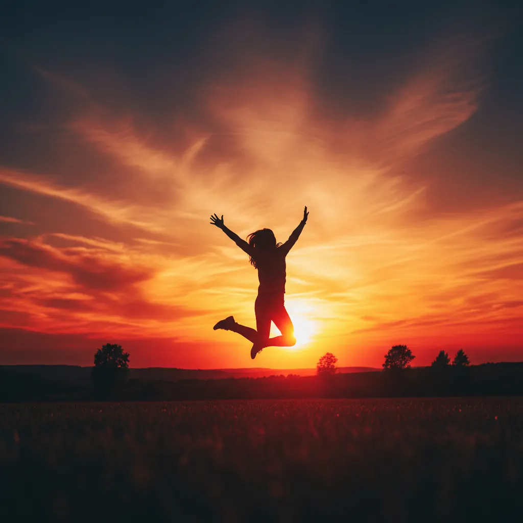 Dramatic silhouette of a person standing on a hilltop against a vivid orange sunset sky