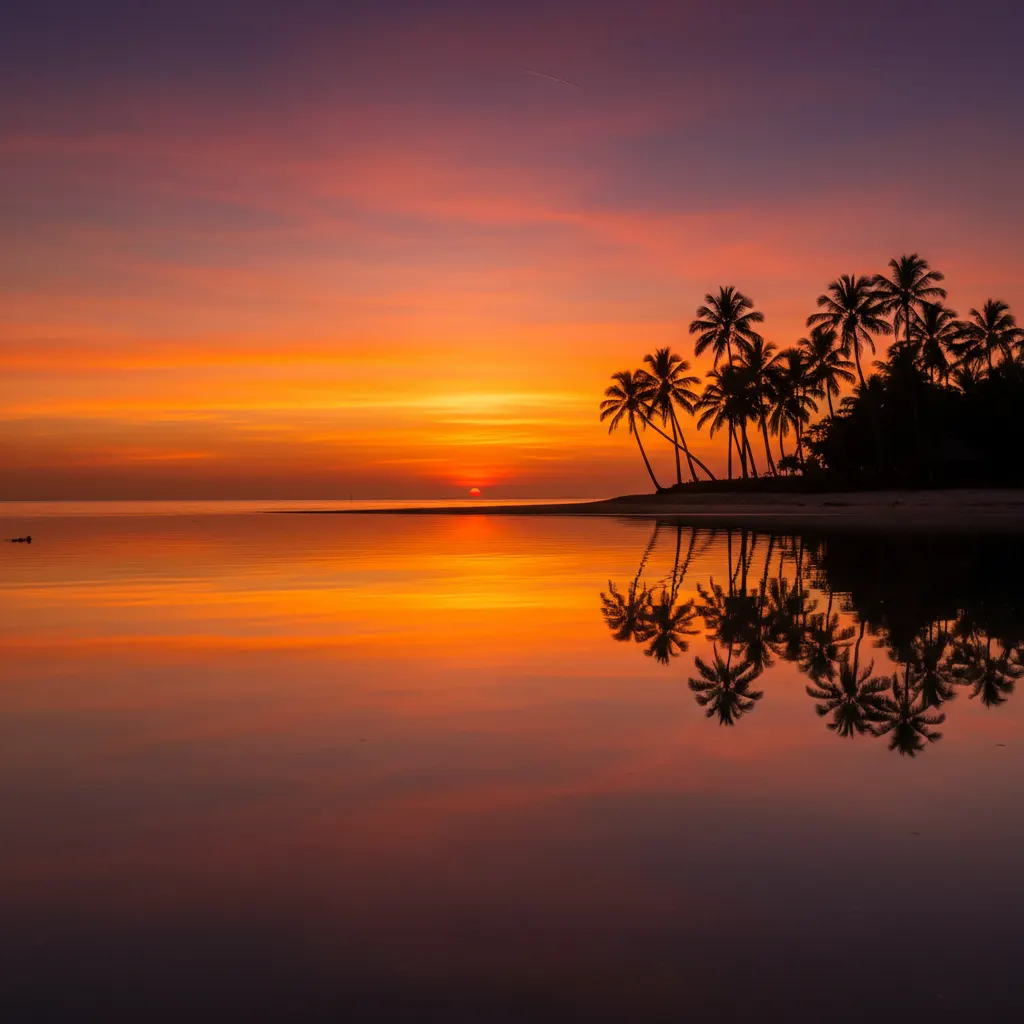 Vibrant orange and purple sunset over a calm lake with silhouetted trees