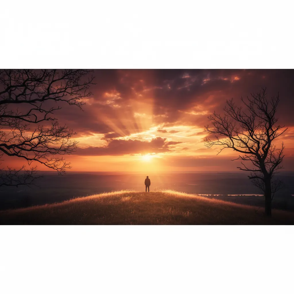 Dramatic sunset with tree silhouettes and rays of light