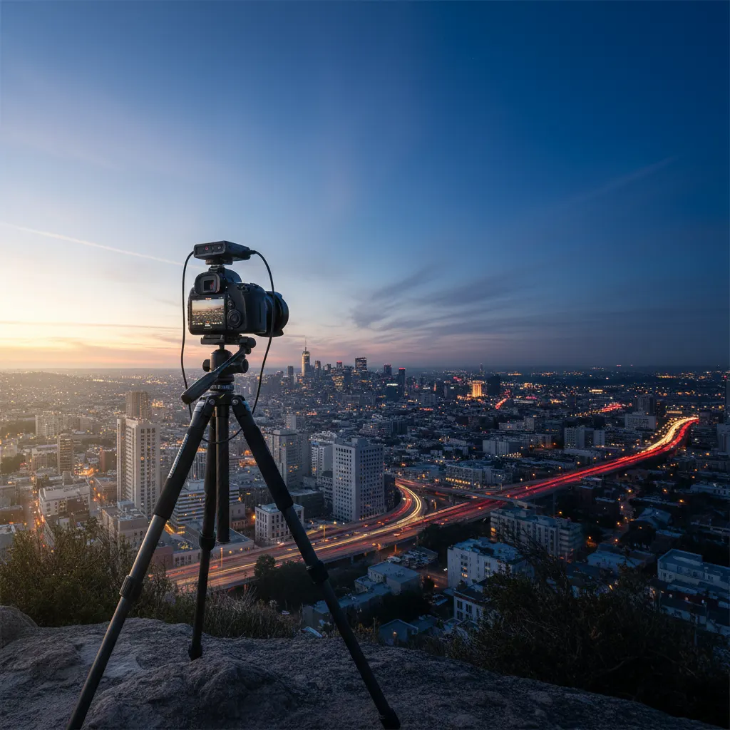 Star trail time-lapse photograph showing circular star movement over a mountain landscape
